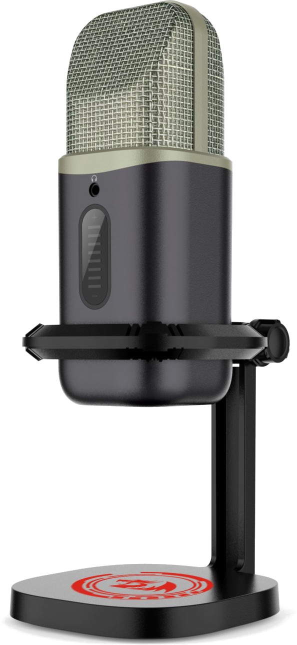 Czarny i szary mikrofon na statywie. Ma siatkowy wierzch, wskaźnik głośności i logo na podstawie.