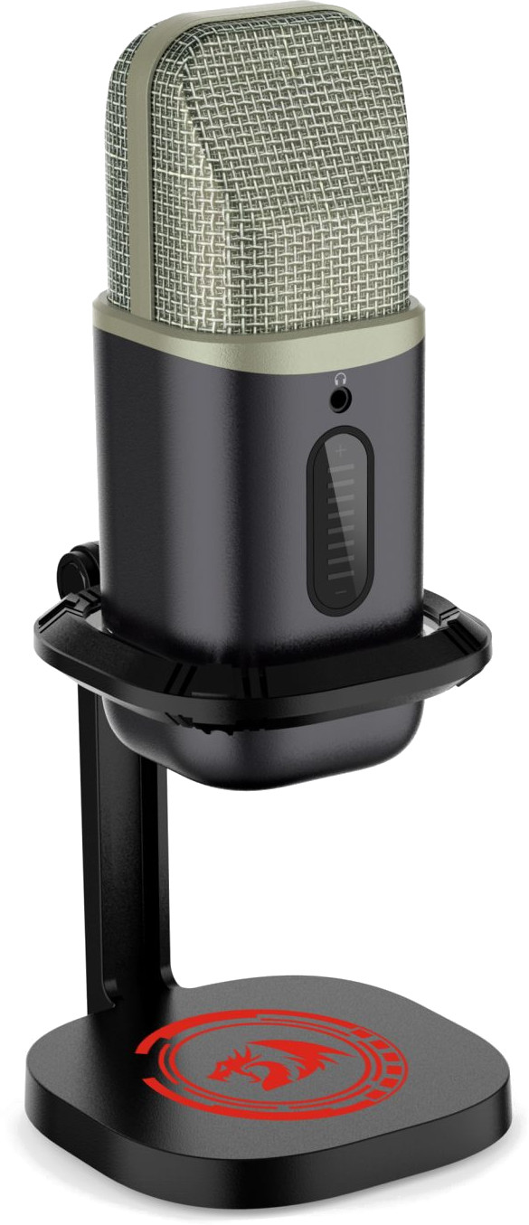 Czarny mikrofon ze srebrną siatkową głowicą, na statywie. Podstawa ma czerwone logo smoka.
