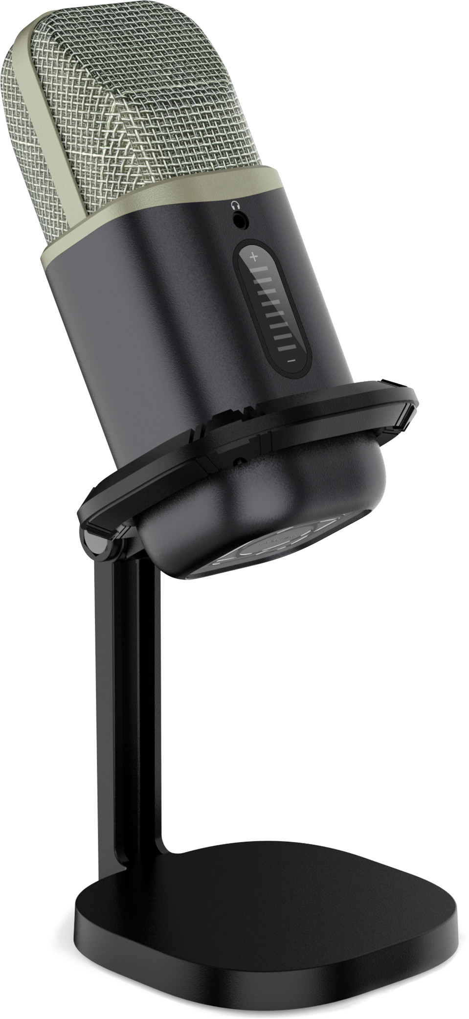Czarny mikrofon na statywie. Mikrofon ma srebrną siatkową górę. Jest lekko przechylony w lewo.