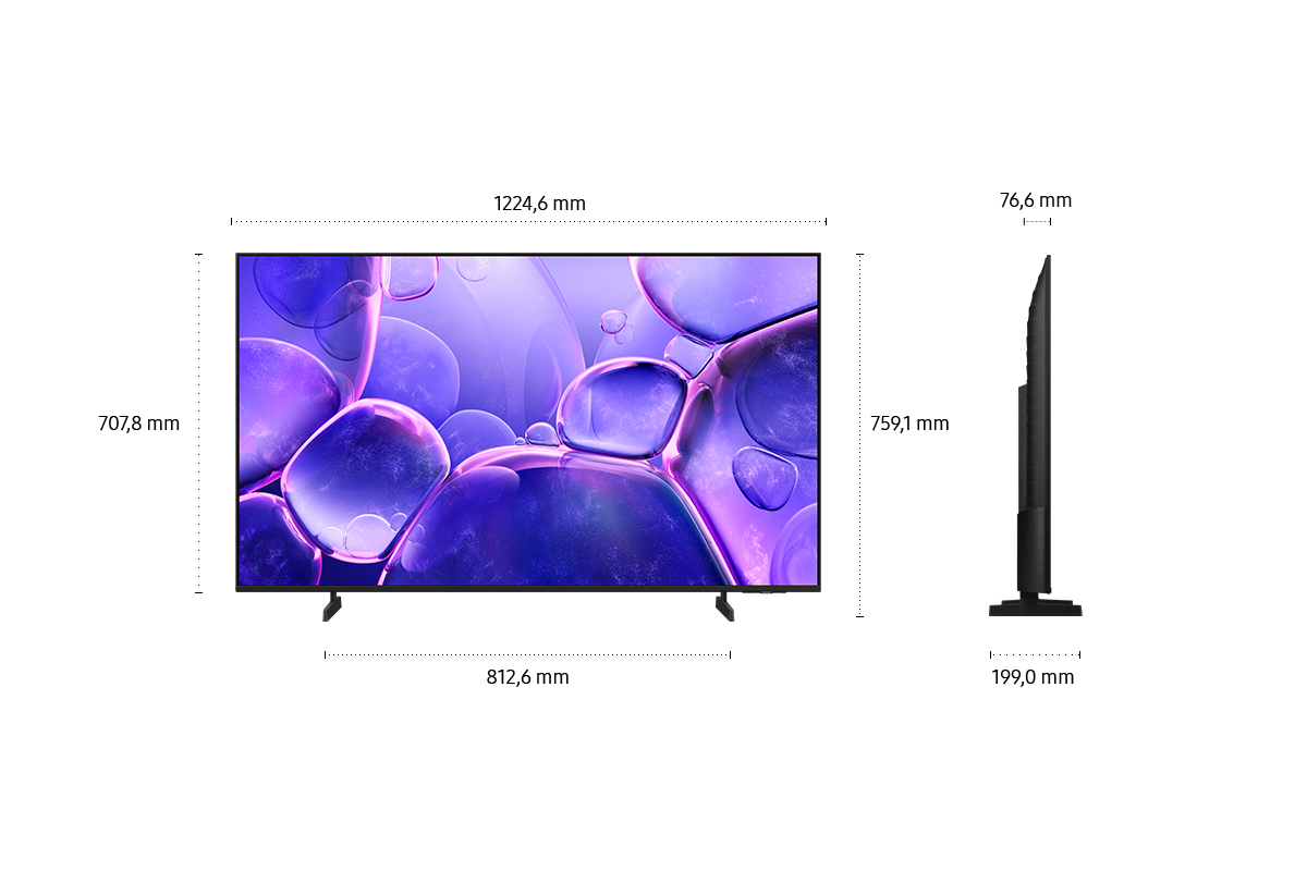 Fernseher mit lilafarbenem Bubble-Bildschirm. Abmessungen: 1224,6 mm x 707,8 mm x 759,1 mm x 812,6 mm. Seitenansicht zeigt 76,6 mm x 199,0 mm.