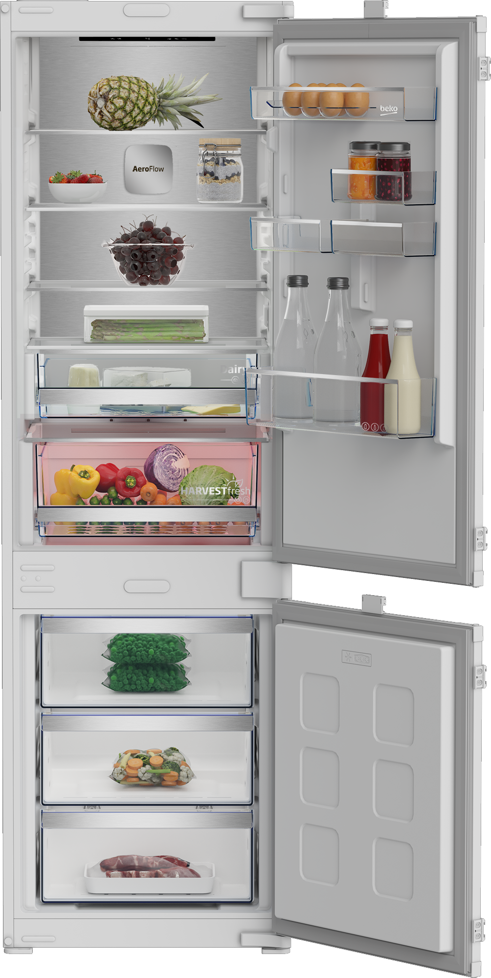 Otwarta lodówka wypełniona owocami, warzywami i innymi produktami spożywczymi. Zawiera ananasa, jajka i inne artykuły spożywcze.