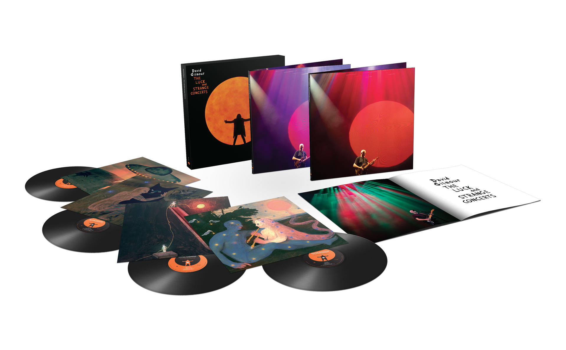 Albumset met vinylplaten en albumhoezen. De hoes toont een silhouet tegen een grote oranje cirkel. Andere hoezen tonen livemuziek.