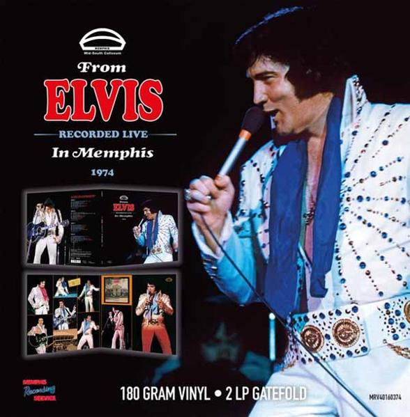 Elvis Presley on a record cover. He's in a white jumpsuit with blue accents, holding a microphone. The album is 'From Elvis in Memphis.'