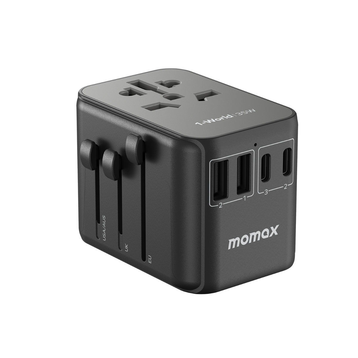 USB portlu ve farklı fiş seçeneklerine sahip siyah seyahat adaptörü. 'momax' markasıyla.