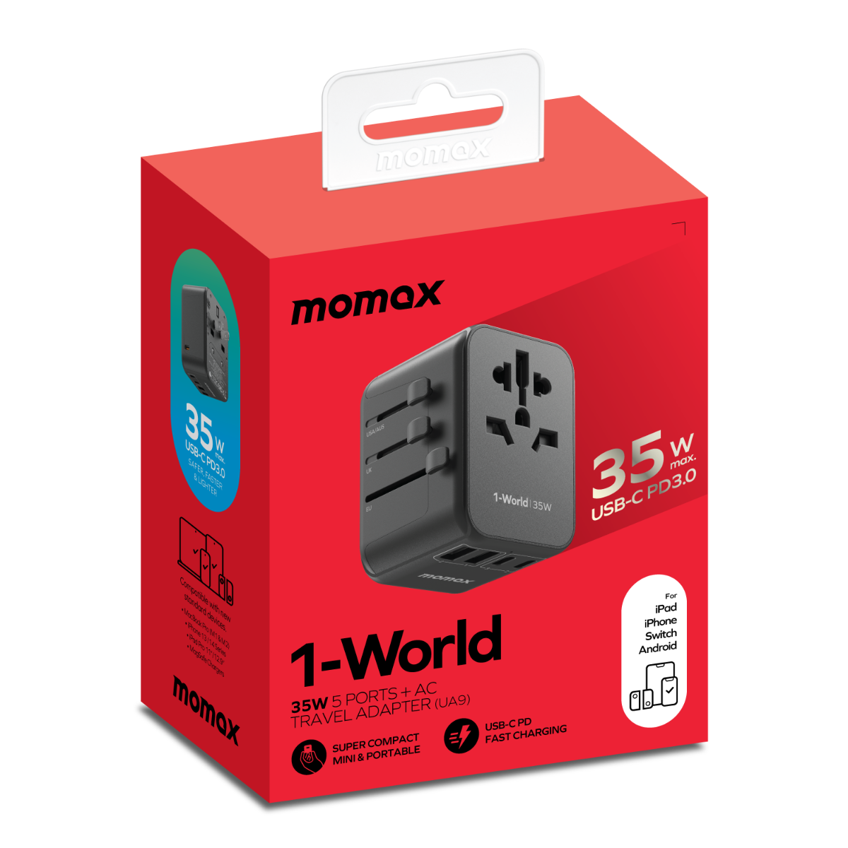 Siyah bir Momax seyahat adaptörü ile kırmızı bir kutu. Çoklu bağlantı noktalarına ve uluslararası fiş seçeneklerine sahiptir. USB-C PD detayları.