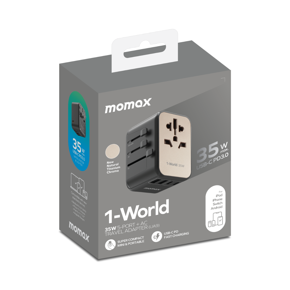 1-World seyahat adaptörü için bir ürün kutusu. Bej bir adaptör, siyah ve bej bir kutu ve USB-C PD hızlı şarj hakkında metin içerir.