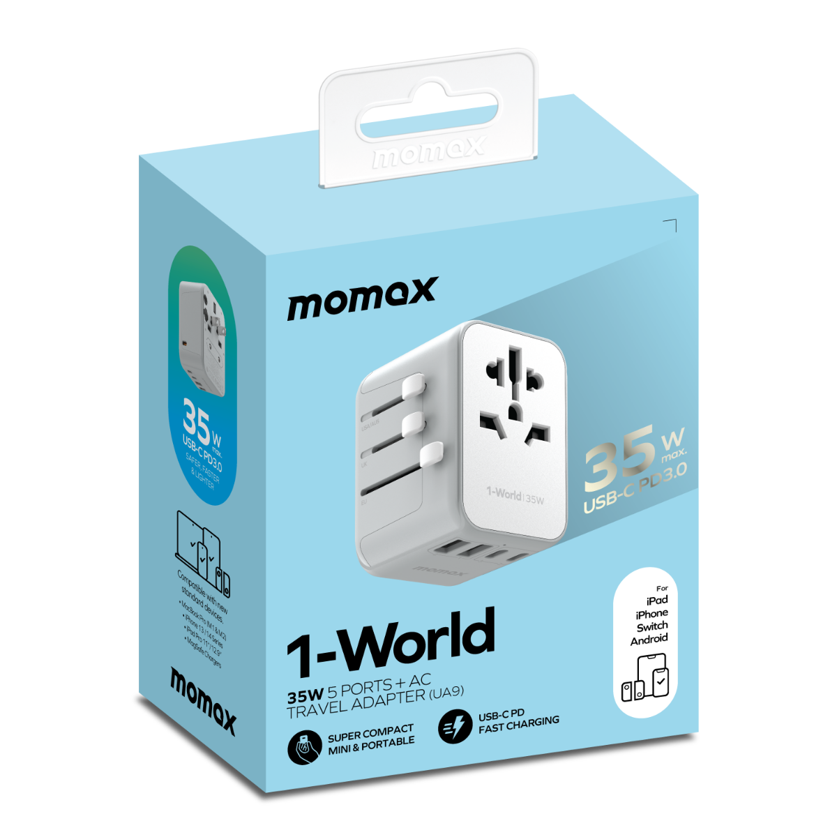 Beyaz bir Momax 1-World seyahat adaptörü içeren kutu. Çoklu bağlantı noktalarına sahiptir ve 35W USB-C PD 3.0 şarjlı olarak etiketlenmiştir.