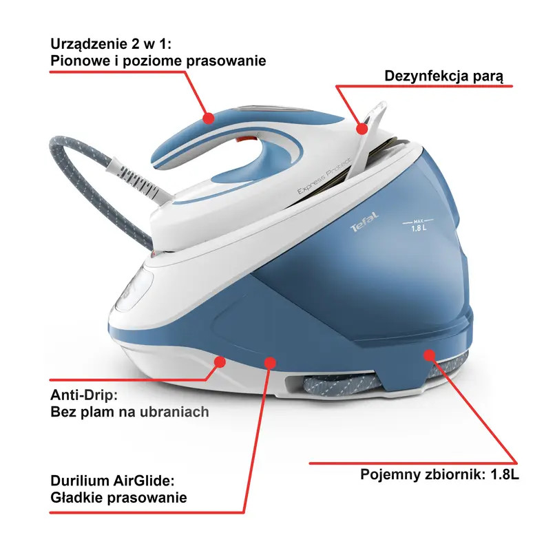 Niebiesko-białe żelazko parowe Tefal. Posiada zbiornik na wodę, uchwyt i różne funkcje opisane po polsku.