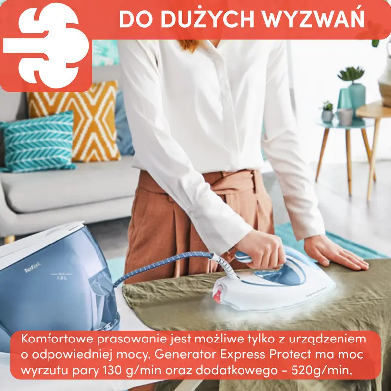 Kobieta prasuje ubranie. Żelazko z generatorem pary na zielonej desce do prasowania. Tekst po polsku na dole.