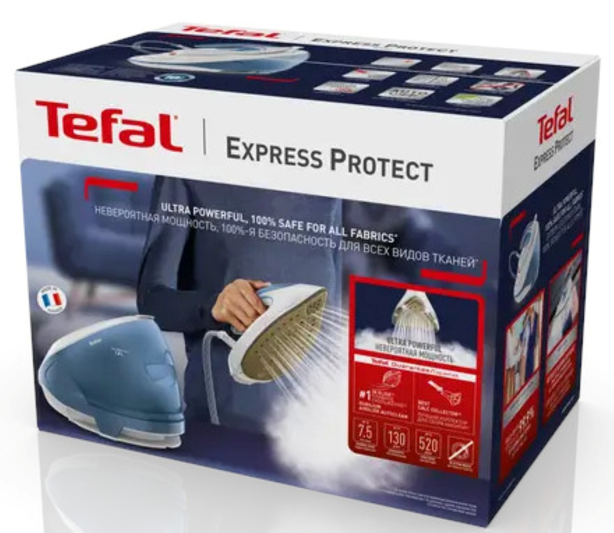 Pudełko Tefal Express Protect. Pokazuje żelazko z parą i nazwę marki. Zawiera również tekst w wielu językach.