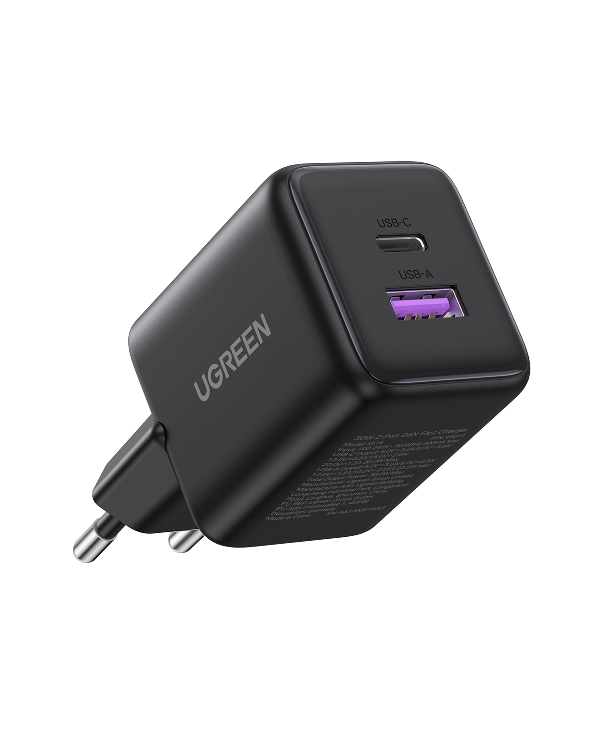 Siyah UGREEN USB şarj cihazı. USB-C ve USB-A bağlantı noktalarına sahiptir. Güç için iki pime sahiptir. Model X516.