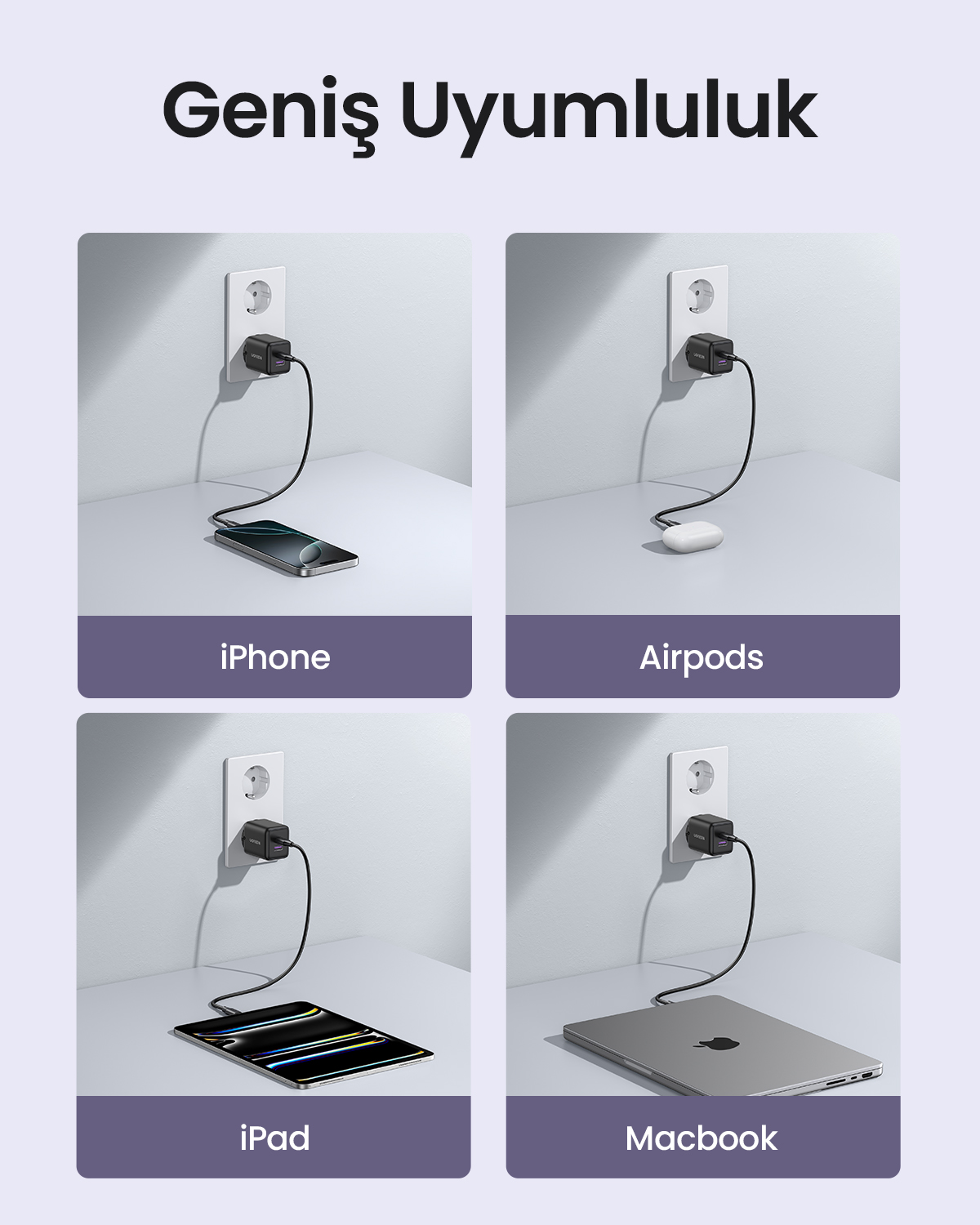 Görselde dört cihaz var: iPhone, AirPods, iPad ve Macbook, her biri bir prizdeki şarj cihazına bağlı.