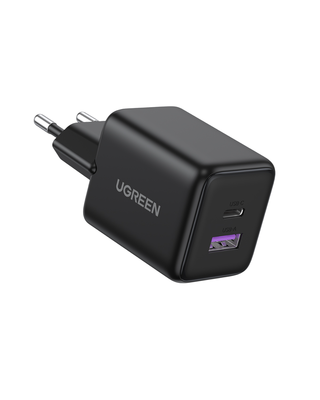 Siyah bir UGREEN USB şarj cihazı, iki portlu, USB-C ve USB-A, siyah bir arka plan üzerinde. Gümüş renkli çiviler görünür.