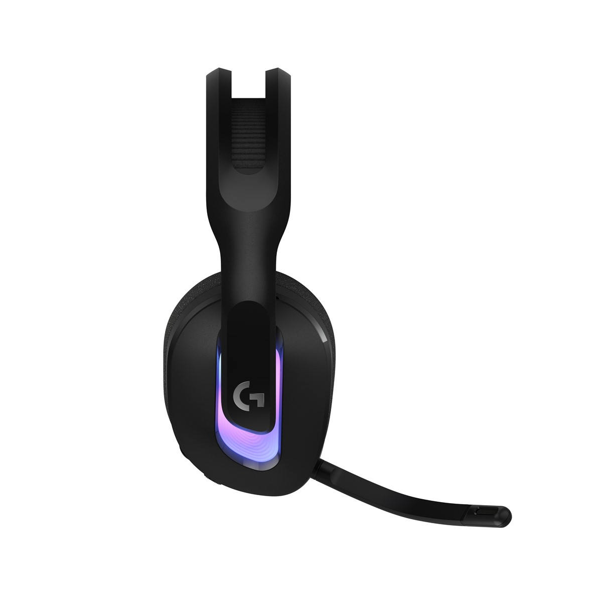 Mikrofonlu siyah oyuncu kulaklığı. Logitech logosu, kulaklıklarda renkli ışıklar ve siyah bir mikrofona sahip.