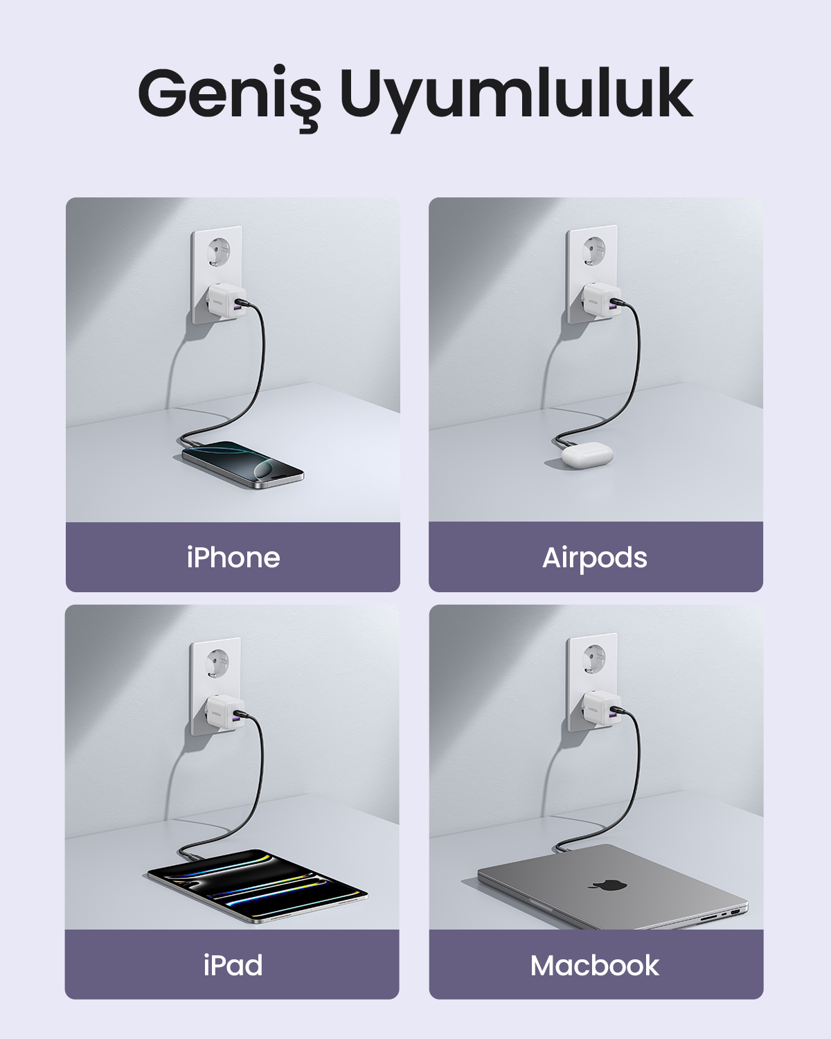 Görselde dört cihaz görülüyor: iPhone, AirPods, iPad ve Macbook, her biri bir duvar prizi aracılığıyla şarj oluyor. Yukarıdaki metin 'Geniş Uyumluluk' diyor.