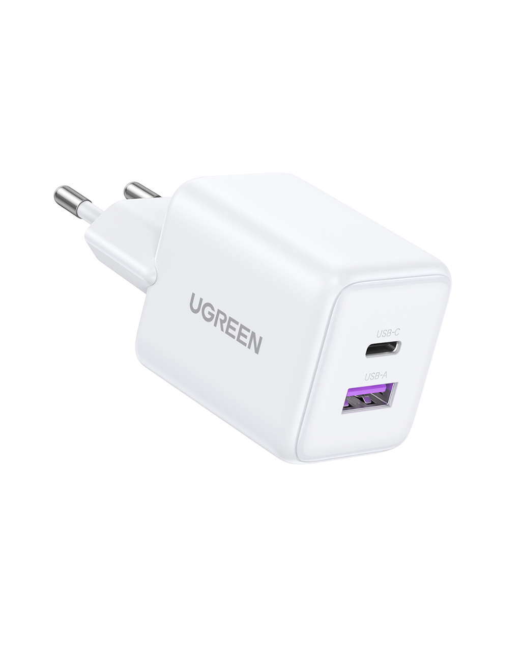 USB-C ve USB-A bağlantı noktalarına sahip beyaz bir UGREEN USB şarj cihazı. Priz için iki metal ucu vardır.