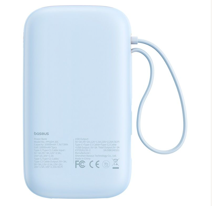 Arkasında döngü ve özellikler basılı, açık mavi bir Baseus powerbank.