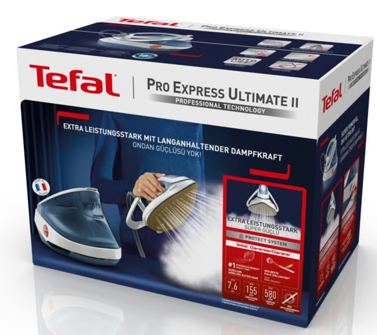 Pudełko przedstawia żelazko Tefal Pro Express Ultimate II. Zawiera niebieskie żelazko, parę i tekst w wielu językach.