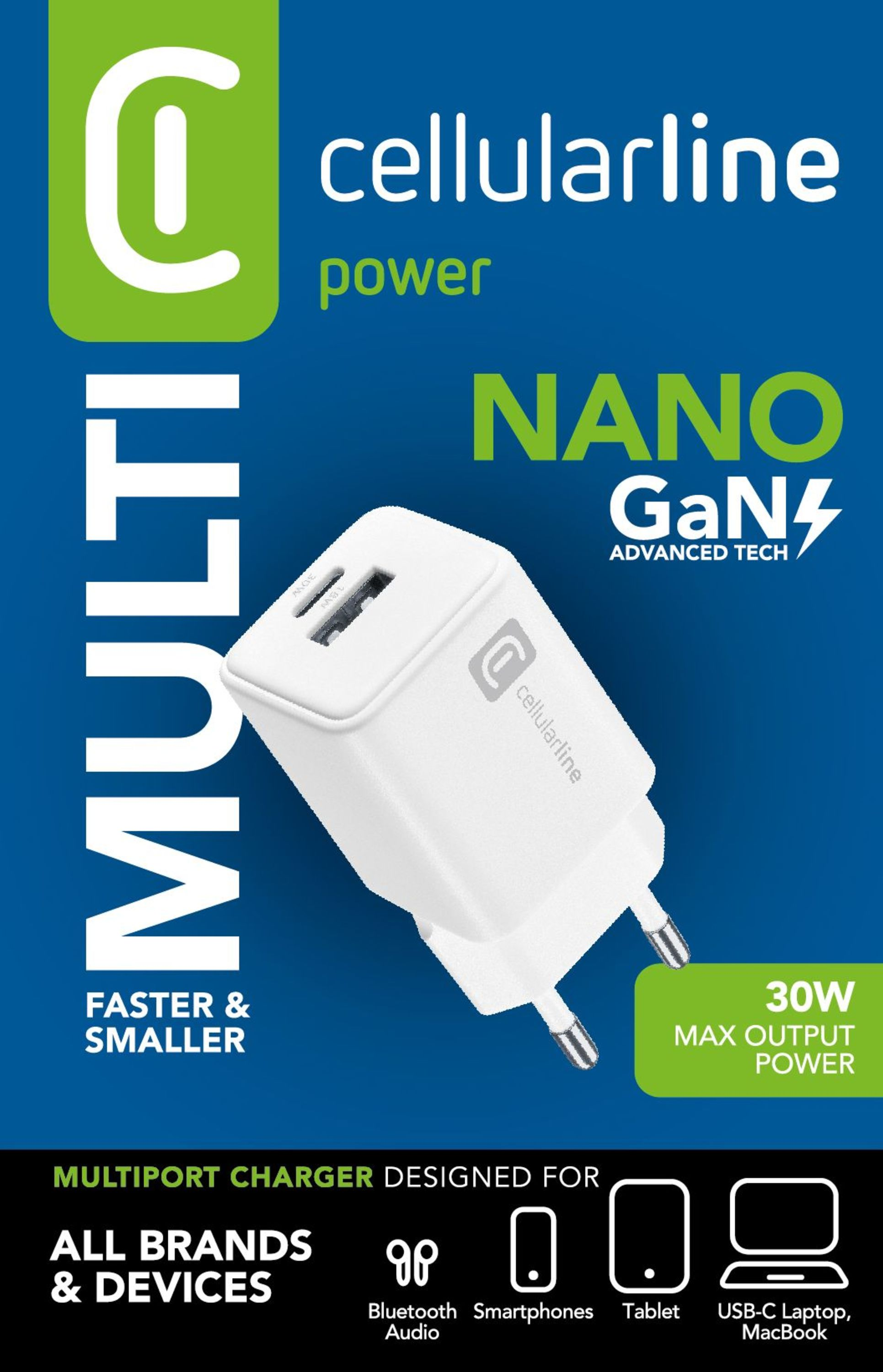 Beyaz çoklu portlu şarj cihazı, cellularline markası, 'NANO GaN' ve '30W MAX OUTPUT POWER' metinleriyle.