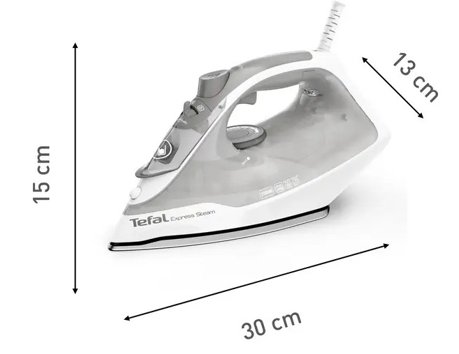 Biało-szare żelazko Tefal Express Steam. Wymiary: 30 cm długości, 15 cm wysokości i 13 cm szerokości.