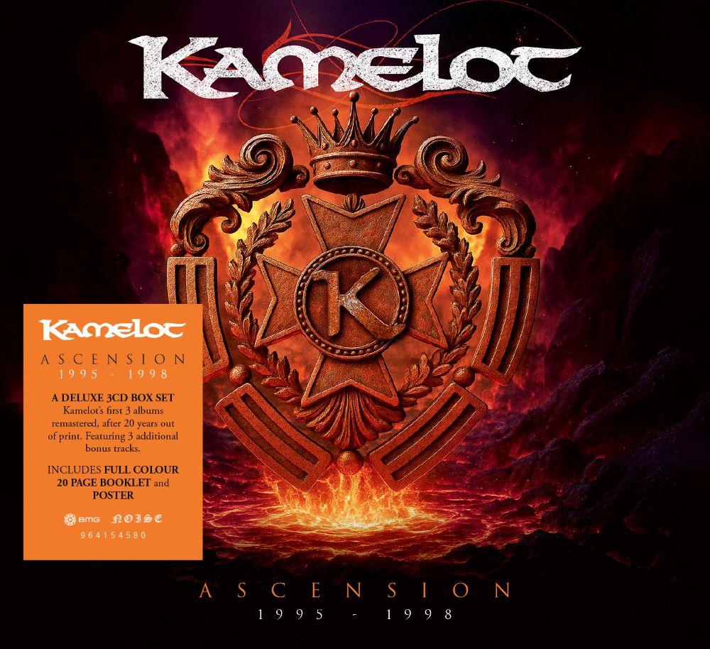Albumcover: Kamelot-Logo, Wappen und Text. Orangefarbene Box links. Flammen im Hintergrund.