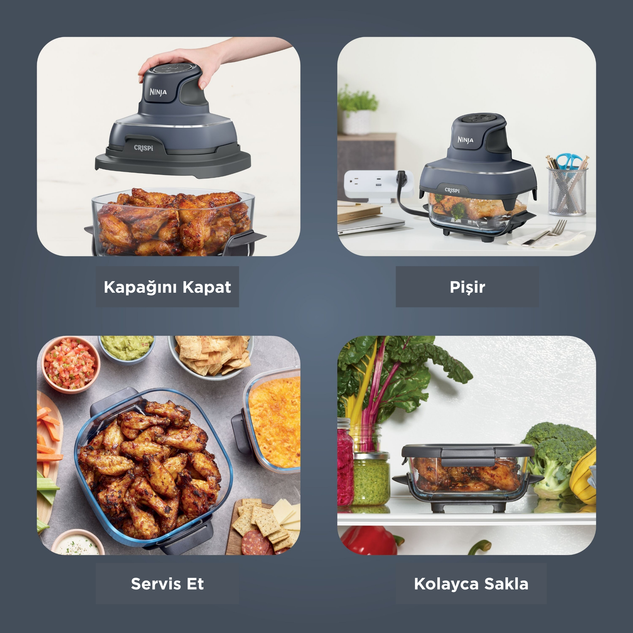 Ninja hava fritözü, tavuk kanatları ile. Adımlar arasında kapağı kapatma, pişirme, servis yapma ve saklama yer alır. Çeşitli garnitürler mevcuttur.
