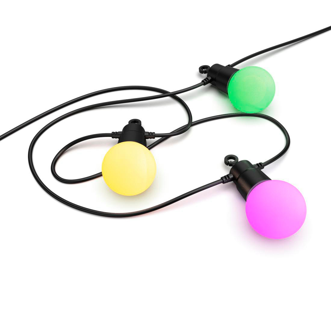 Drei leuchtende runde Lichter: gelb, grün und rosa. Sie sind durch schwarze Drähte auf weißem Grund verbunden.