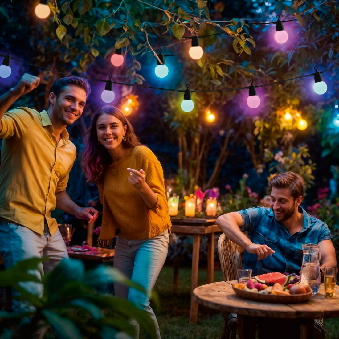 Drei Personen feiern abends im Garten. Bunte Lichter hängen über ihnen. Obst und Getränke stehen auf dem Tisch.
