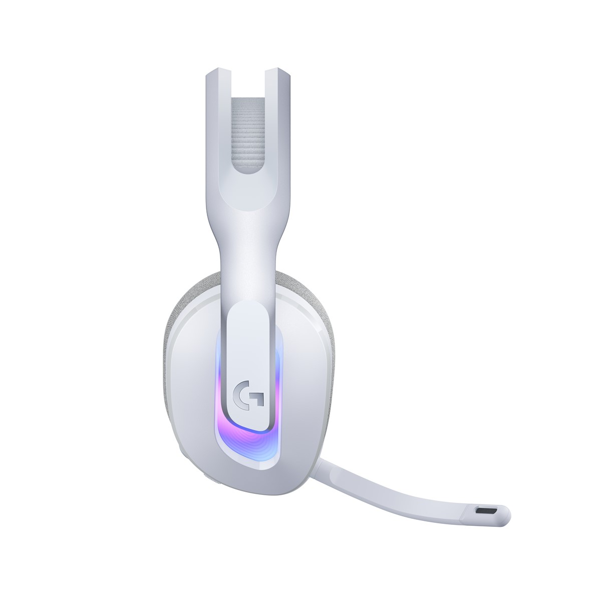 Gri kulak yastıklı ve mikrofonlu beyaz kulaklık. Kulaklıkta Logitech logosu ve renkli ışıklar var.