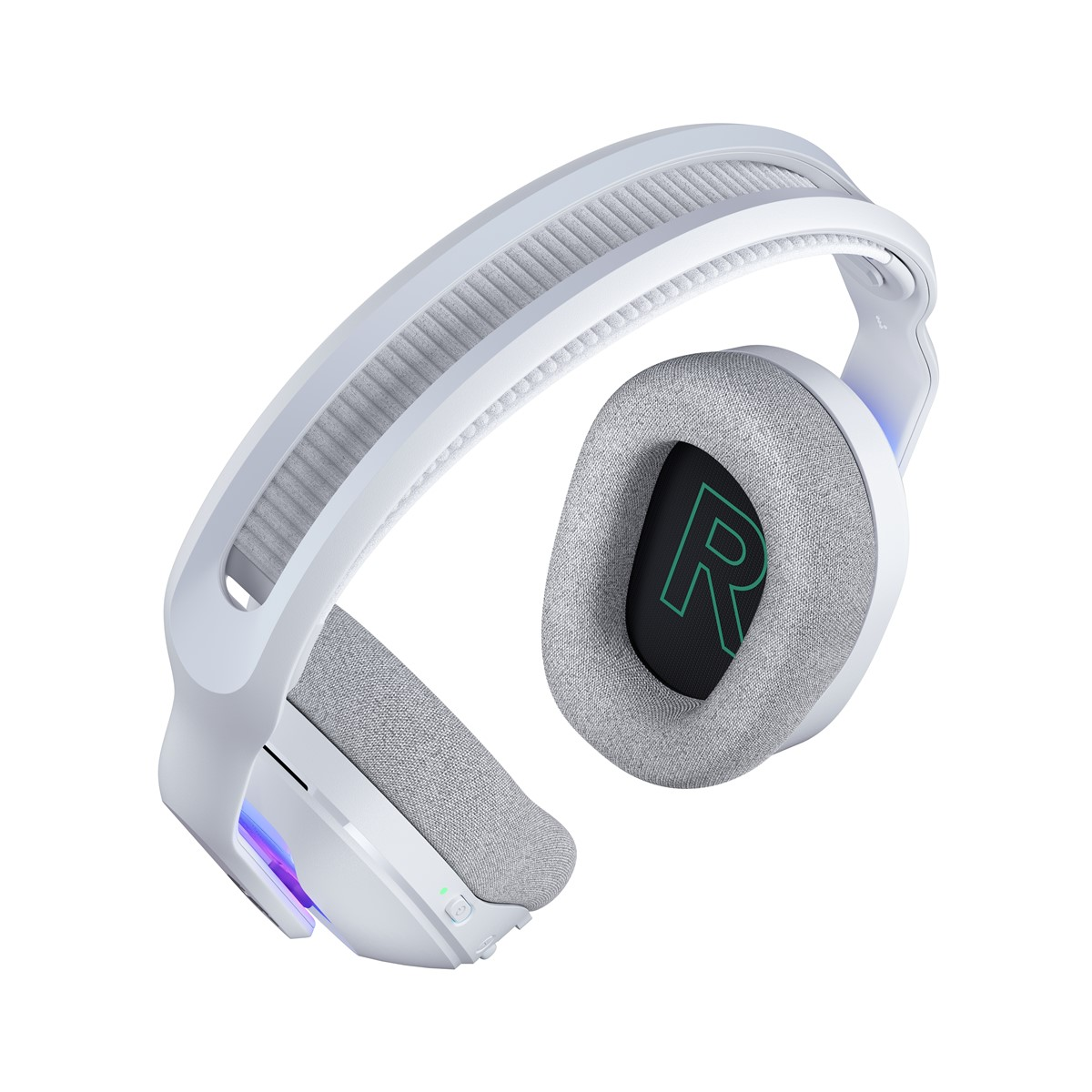 Beyaz ve gri oyuncu kulaklığı. Kulaklık başlıkları gri kumaştan. Sağ kulaklık başlığında yeşil 'R' harfi görülüyor.