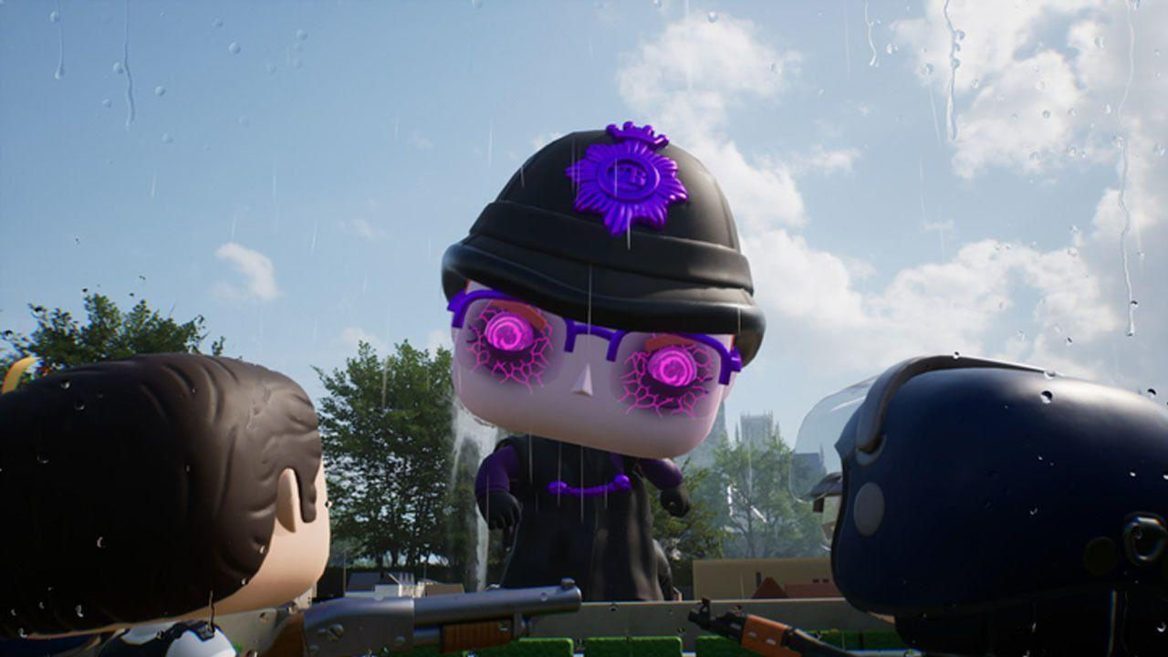 Ein Cartoon-Polizist mit leuchtend violetten Augen und Hut steht inmitten anderer Figuren, Waffen und einem Hintergrund mit bewölktem Himmel.