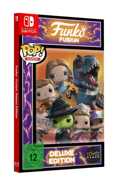 Funko Fusion Deluxe Edition Spielbox. Enthält verschiedene Funko Pop Figuren, darunter einen Dinosaurier, eine Hexe und andere.