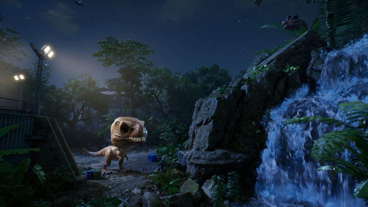 Ein Zeichentrick-Dinosaurier steht nachts in einem Dschungel mit einem Wasserfall. Ein zweiter Dinosaurierkopf befindet sich auf einem Felsen. Lichter scheinen.