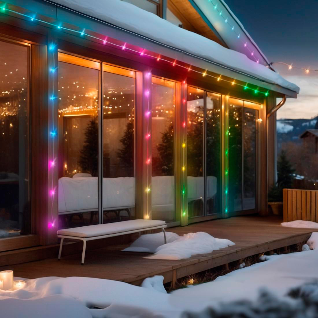 Ein Haus mit bunten Lichtern. Eine Bank und Schnee auf dem Deck. Bäume sind durch die Fenster sichtbar. Eine Winterszene.