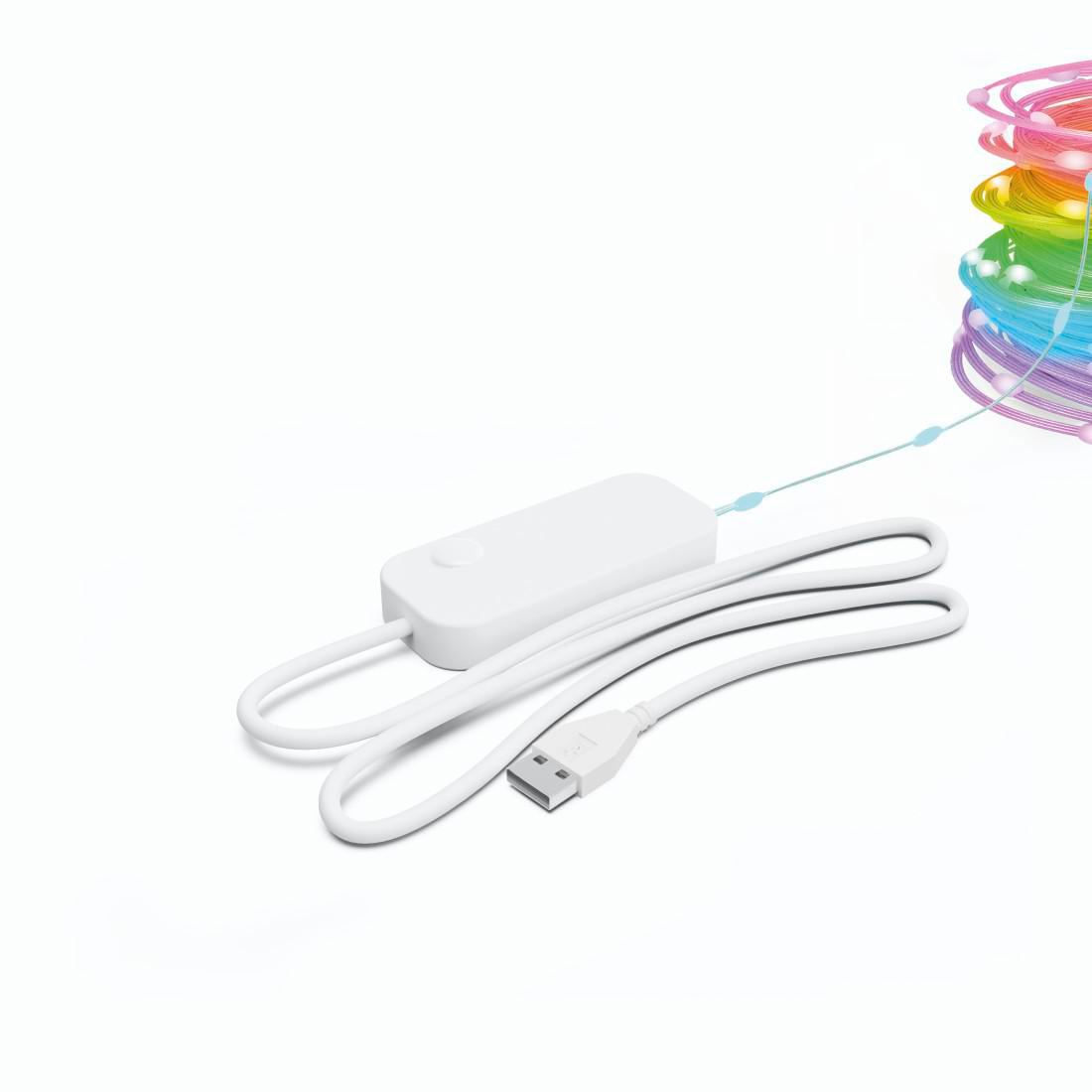 Weißes USB-Kabel, Controller und farbenfroher LED-Streifen. Der Streifen ist aufgerollt und zeigt Regenbogenfarben. Weißer Hintergrund.