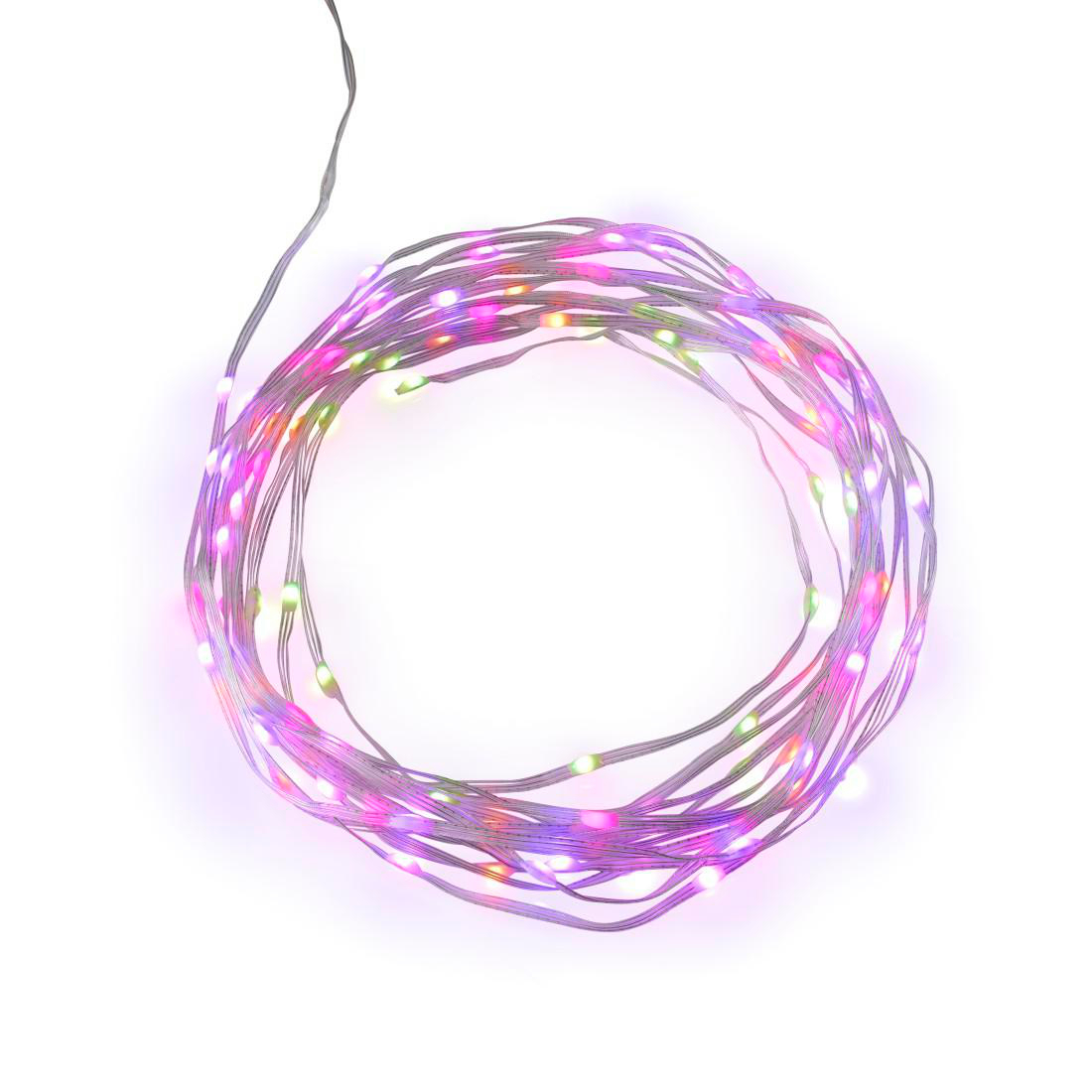 Eine Schnur bunter LED-Lichter, die sich auf weißem Grund kringeln. Die Lichter sind lila, rosa und grün.