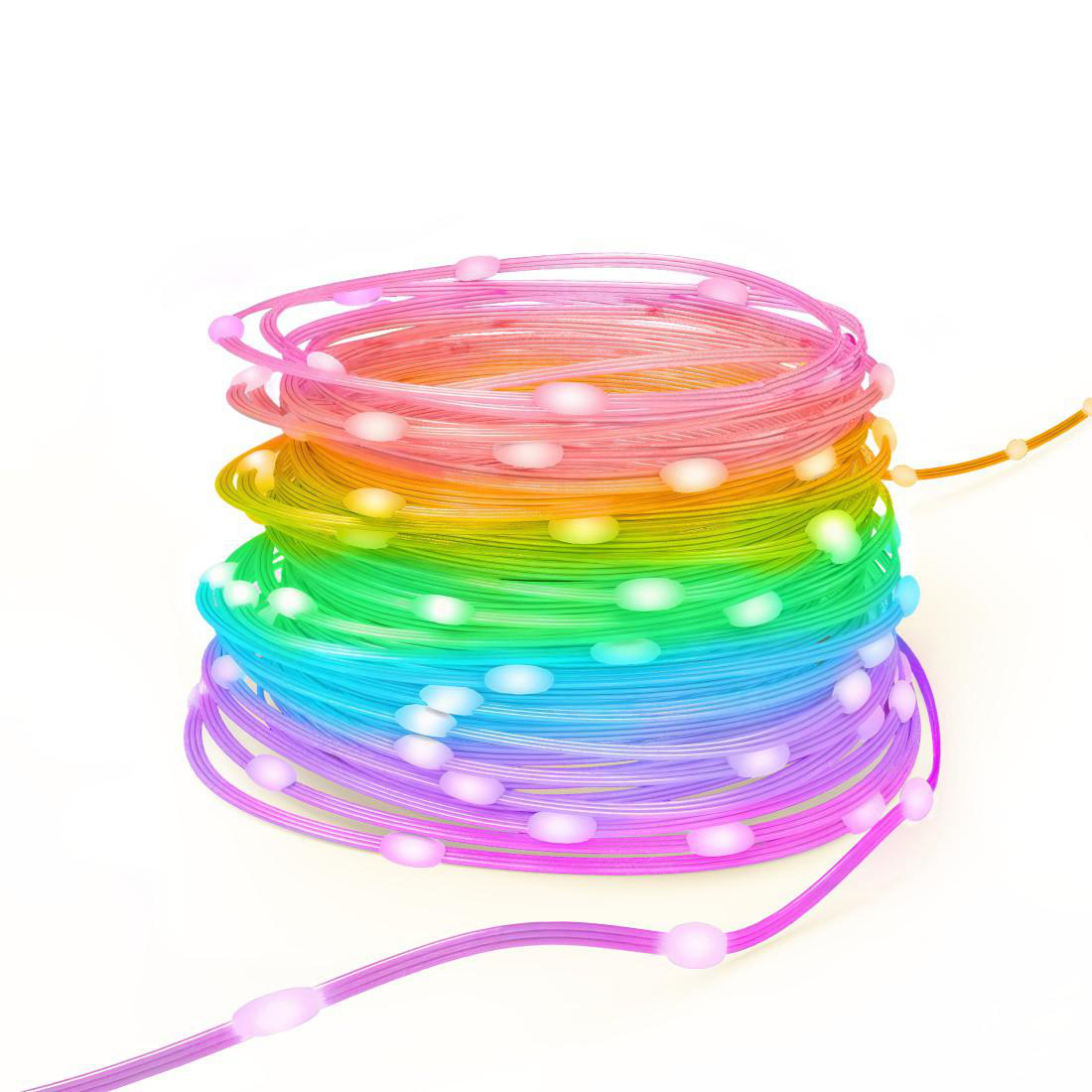 Eine Spule aus regenbogenfarbenen LED-Lichtern mit rosa, orange, gelben, grünen, blauen und violetten Farbtönen. Weiße Lichter sind sichtbar.