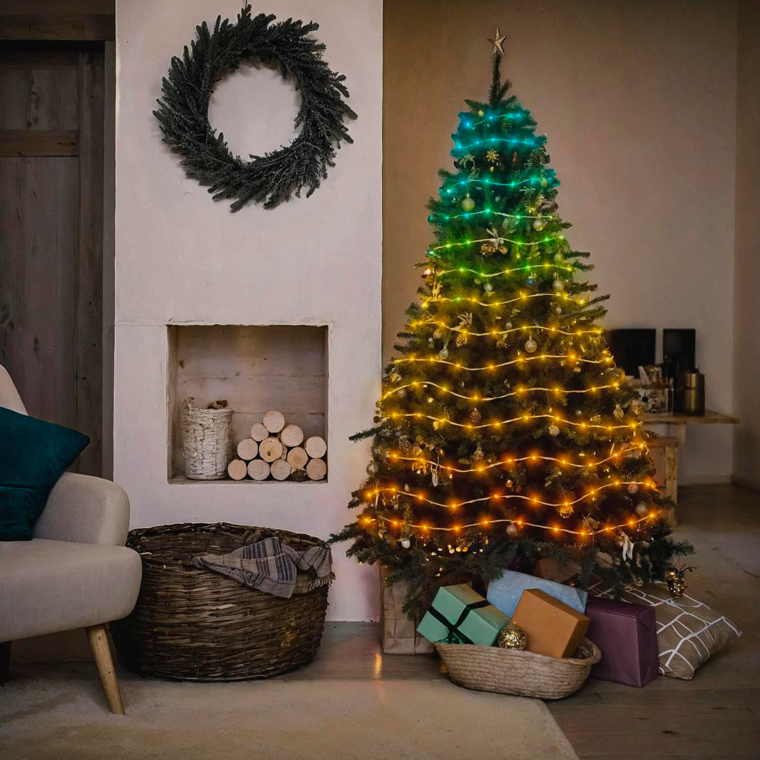 Weihnachtsbaum mit bunten Lichtern, Geschenken, Kranz und Korb. Gemütliche und festliche Innenszene. Kamin und Stuhl sichtbar.