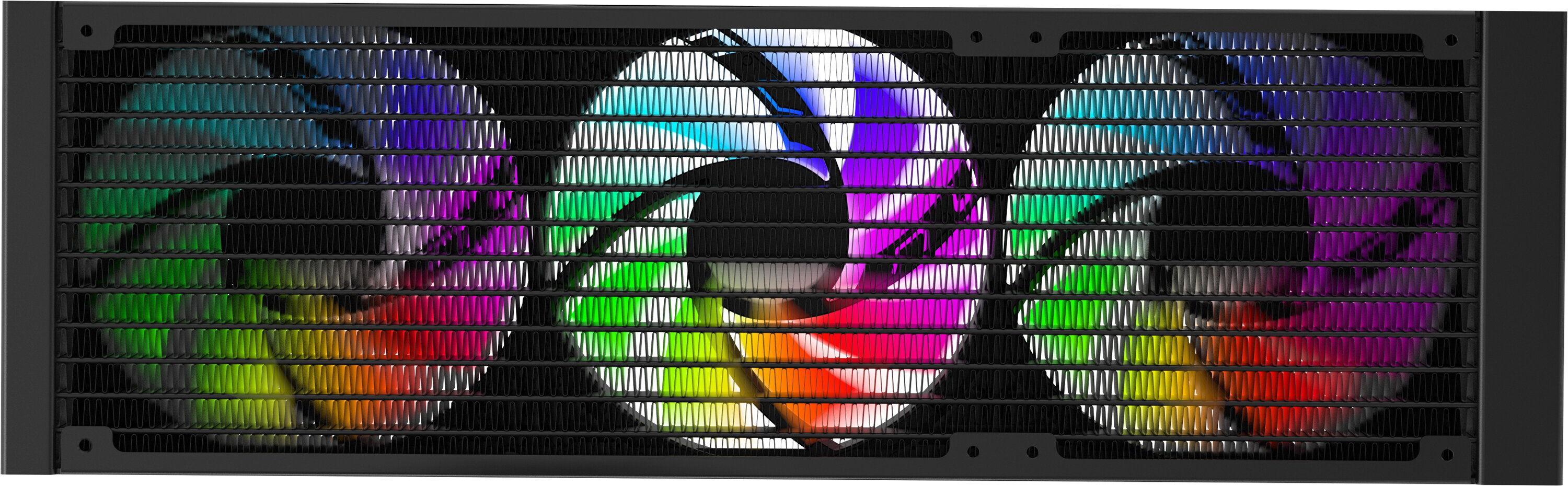 Czarny system chłodzenia komputera z trzema wentylatorami i kolorowymi światłami LED. Wentylatory znajdują się za czarną kratką.