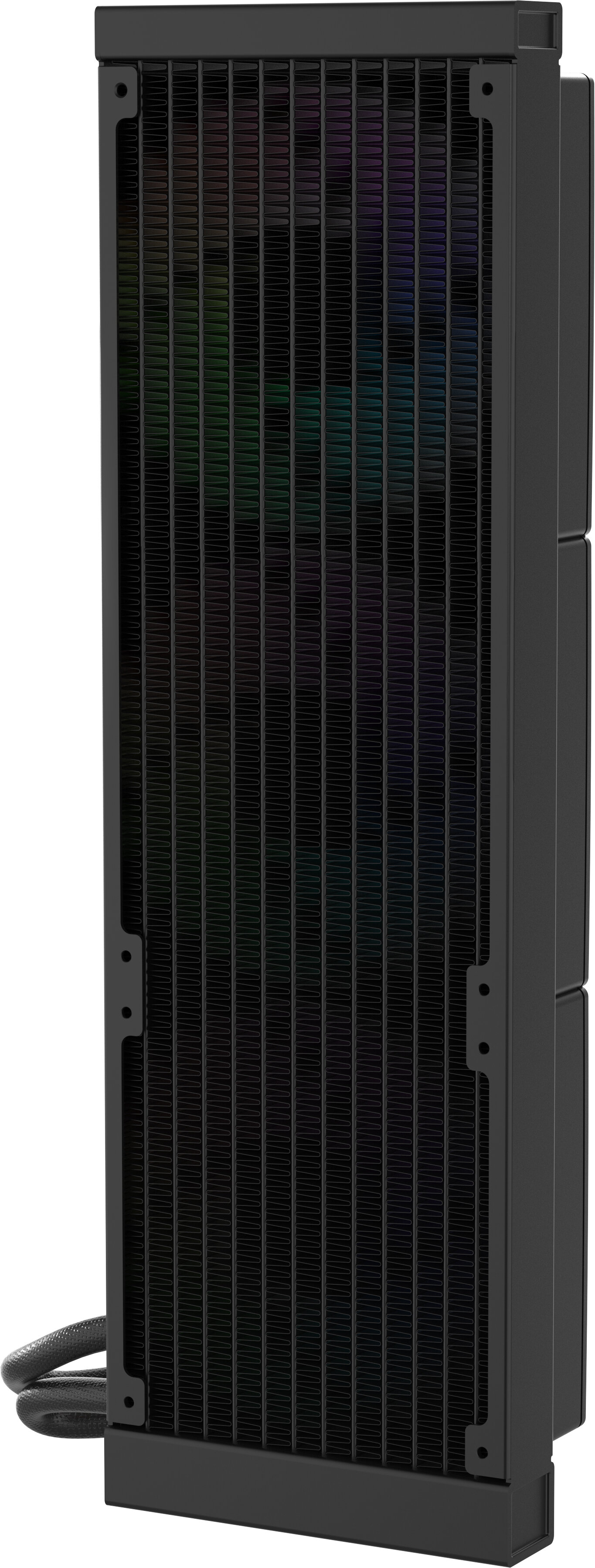 Czarny chłodnica cieczy do komputera. Posiada chłodnicę z pionowymi żeberkami i panelami bocznymi. Węże są przymocowane na dole.