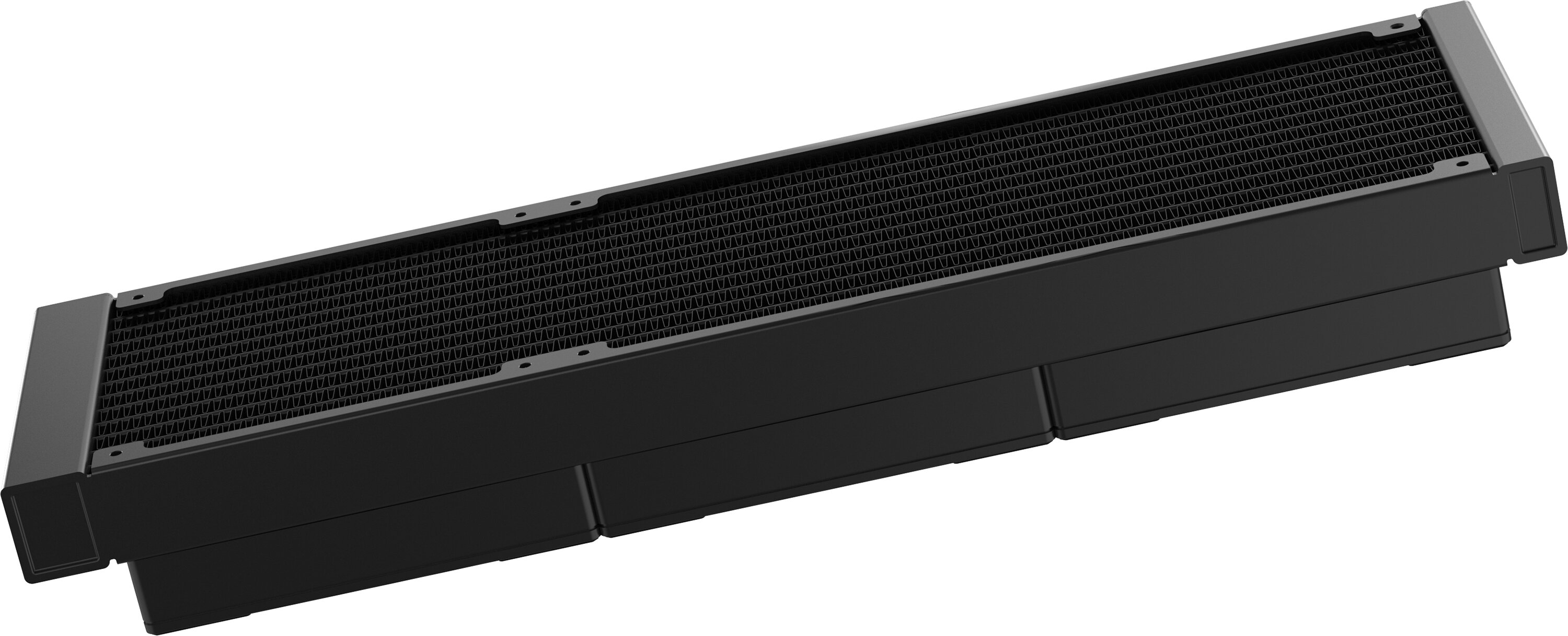 Czarny radiator chłodzenia cieczą do komputera. Ma wzór plastra miodu. Chłodnica jest prostokątna.