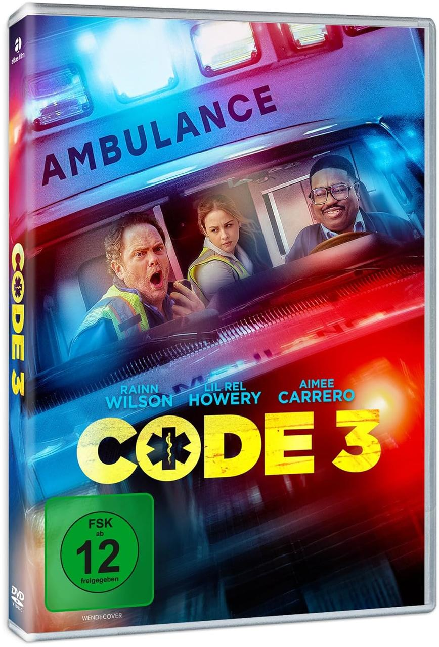 DVD-Hülle für den Film 'Code 3'. Zeigt einen Krankenwagen mit 3 Personen im Inneren. Der Titel und die Namen der Schauspieler sind ebenfalls zu sehen.