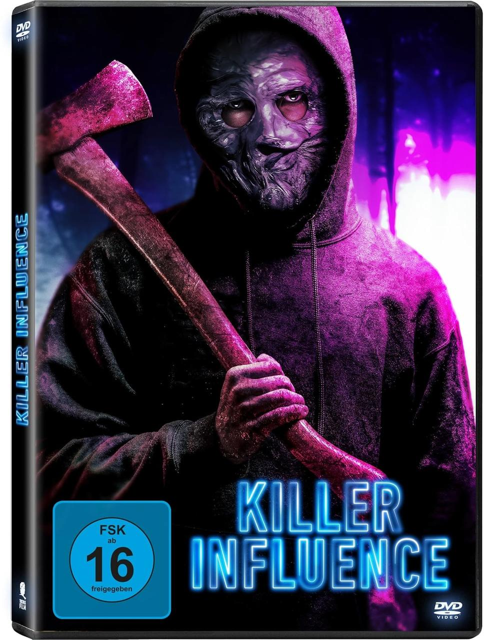DVD-Cover: Eine Figur mit Kapuzenpullover hält eine Axt. Der Titel lautet 'Killer Influence'. Das Bild ist dunkel mit lila und schwarzen Farbtönen.
