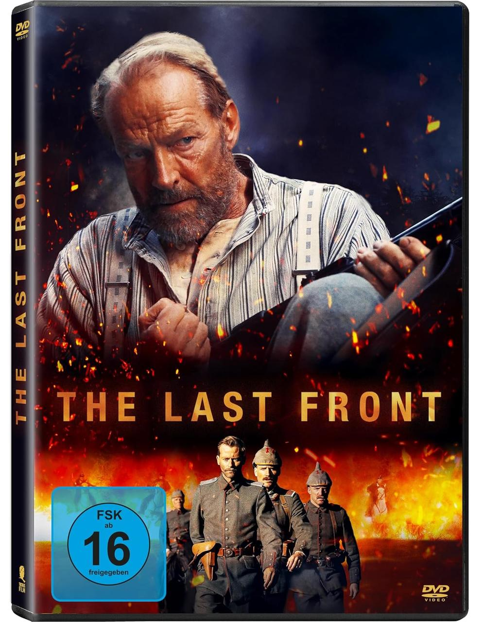 DVD-Cover für 'The Last Front'. Ein Mann mit Bart in der Mitte, darunter Soldaten, mit feurigem Hintergrund. Bewertung FSK 16.