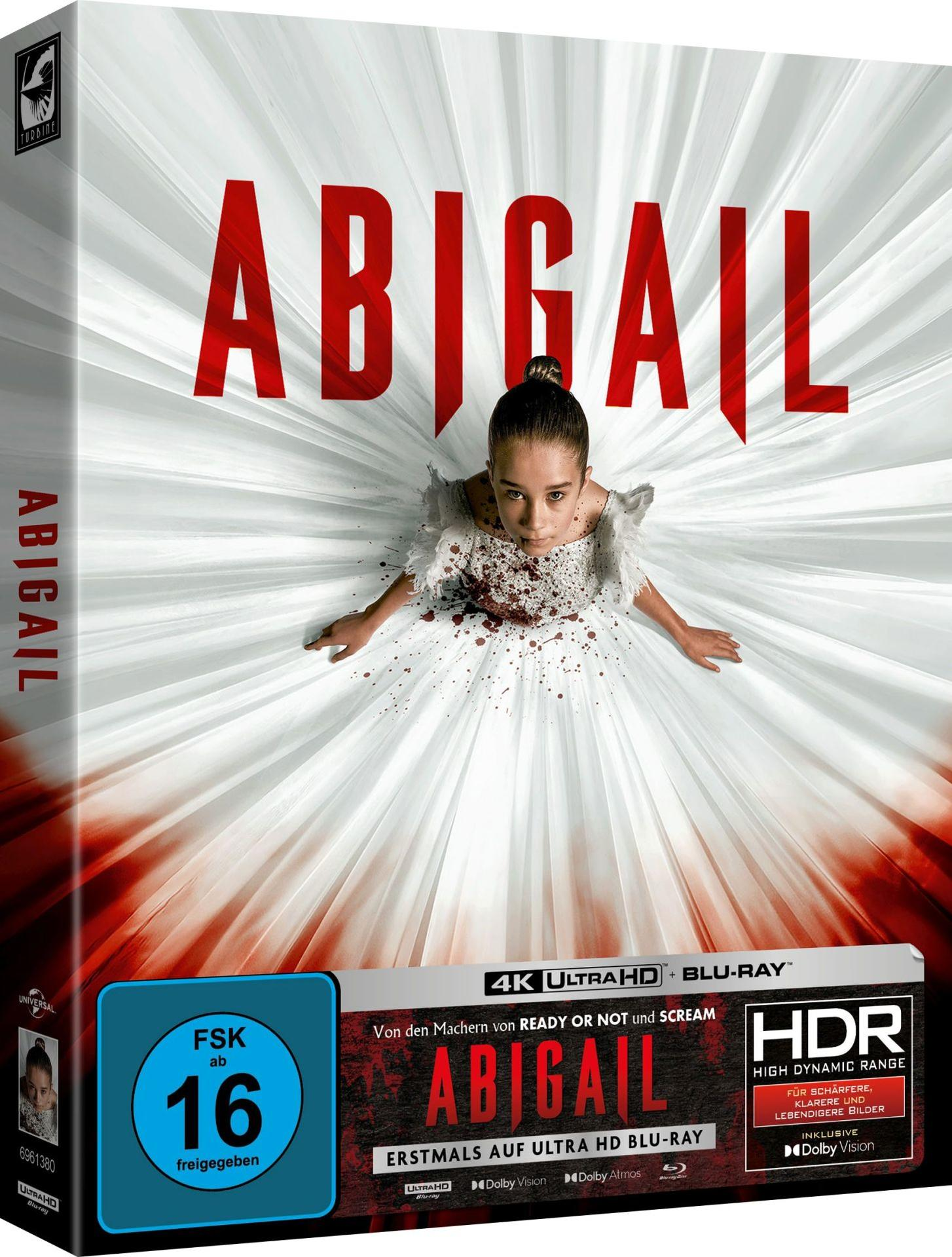 Filmcover. Ein Mädchen in weißem Kleid mit Blutflecken, Titel Abigail in Rot. Enthält Blu-ray- und HDR-Logos.