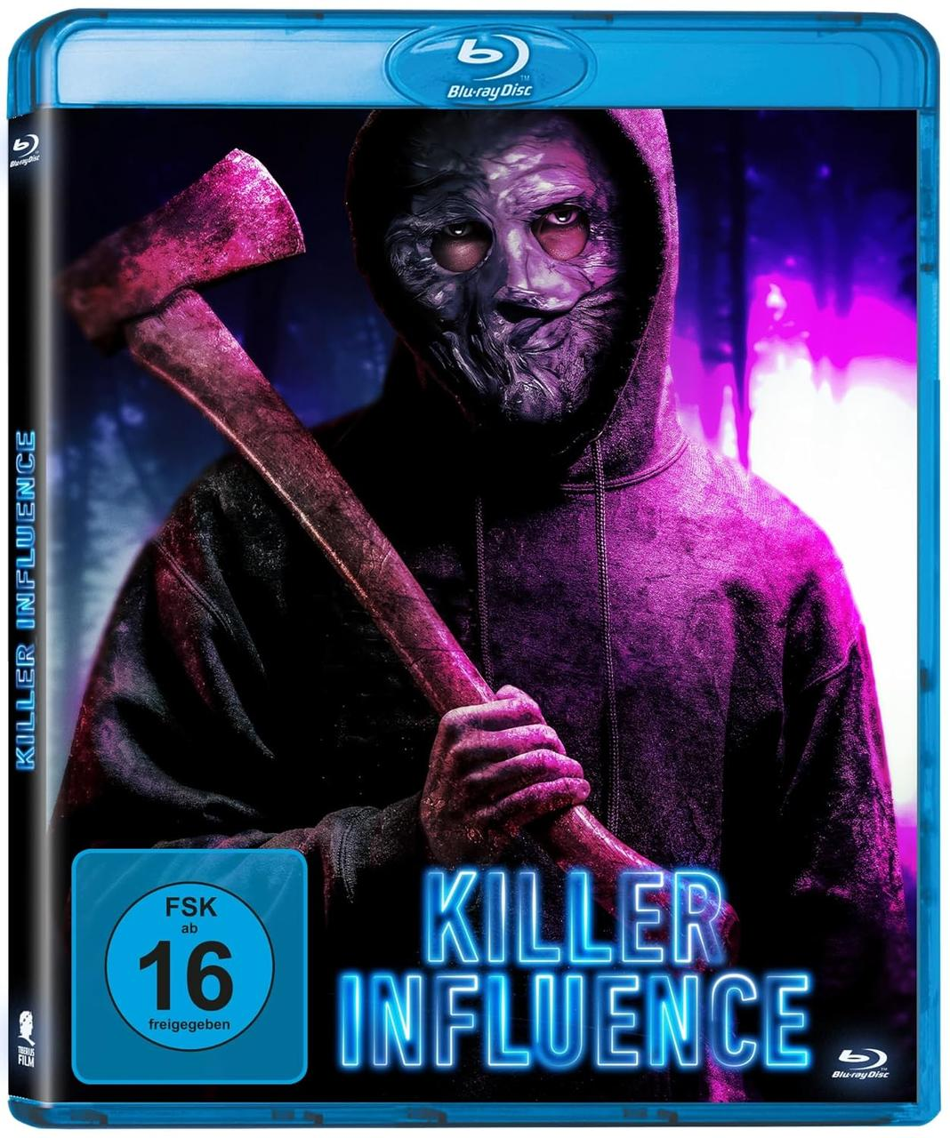 Blu-ray-Cover mit einer Person mit Maske, die eine Axt hält. Der Titel ist "KILLER INFLUENCE". Die Bewertung ist FSK 16.