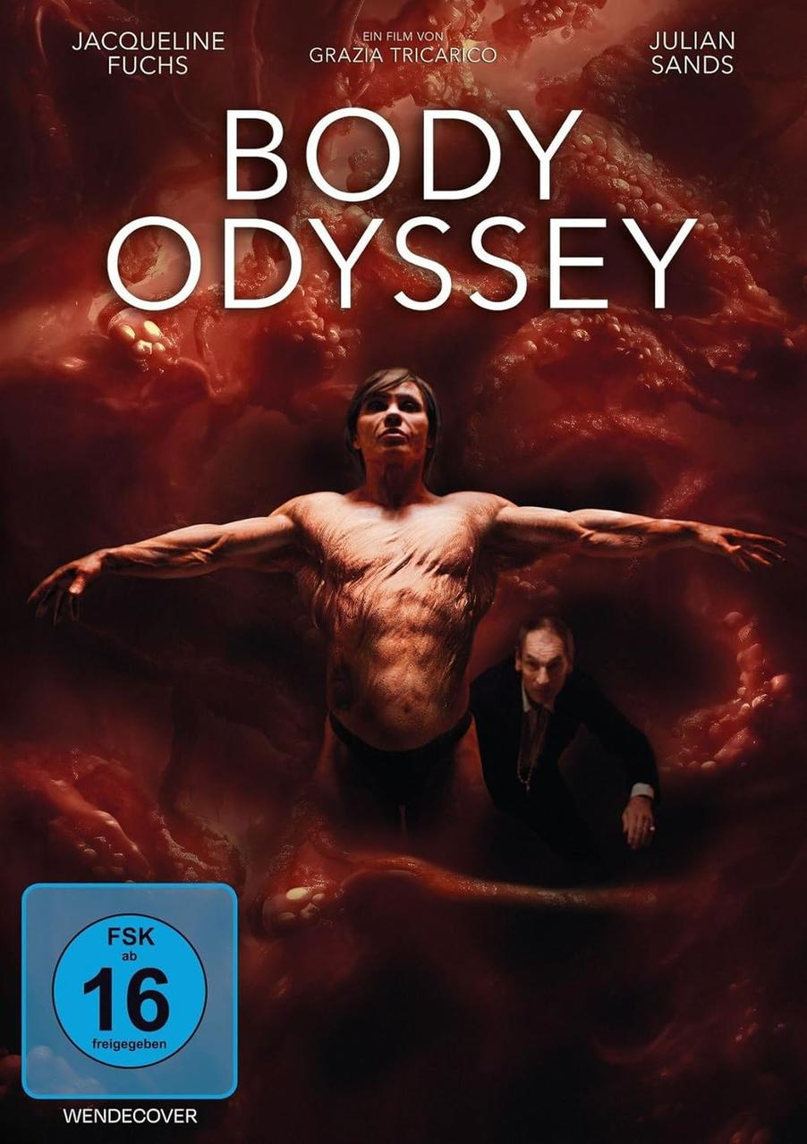 Filmposter für Body Odyssey. Ein Mann mit ausgestreckten Armen steht im Mittelpunkt, ein anderer Mann darunter. Roter Hintergrund.