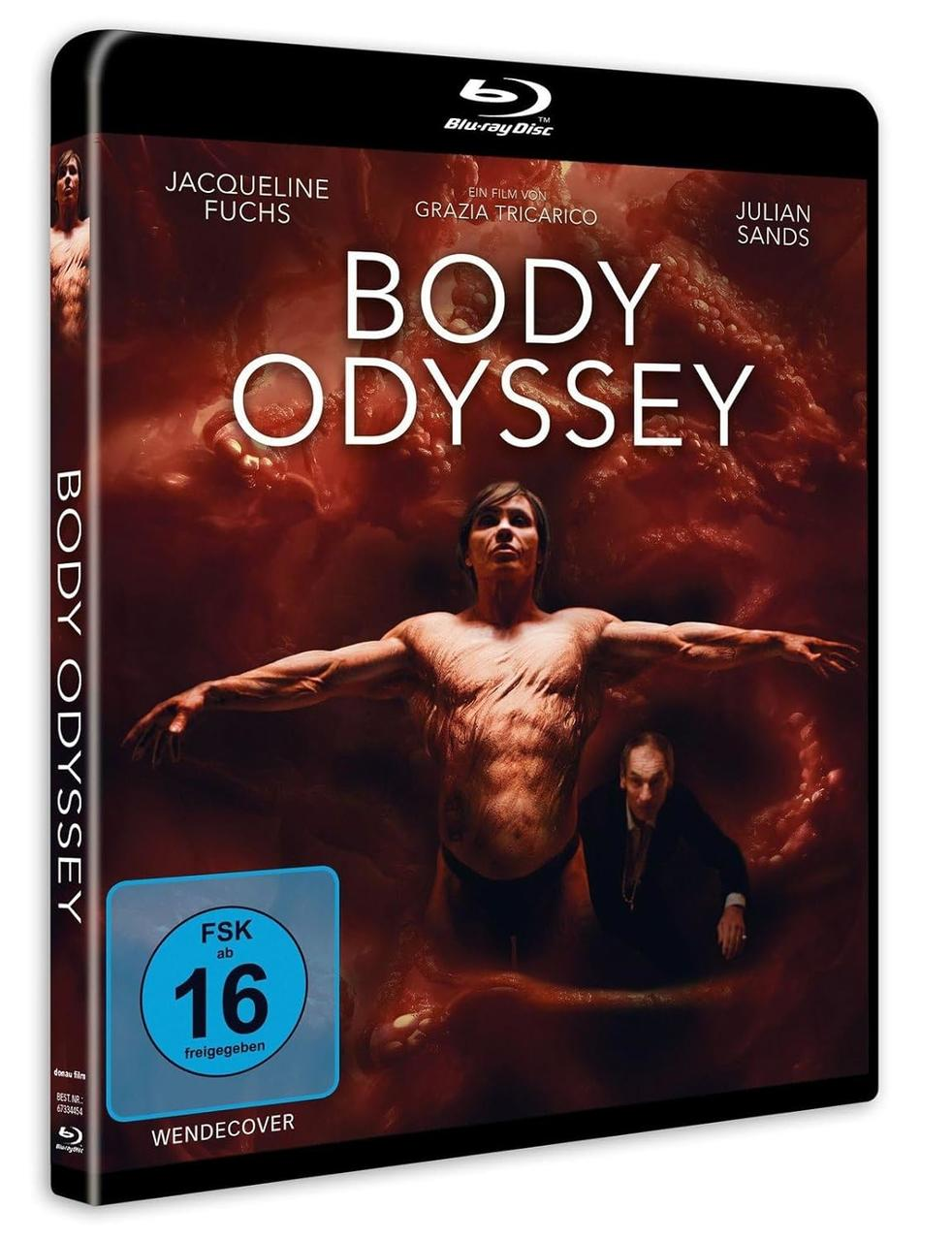 Blu-ray-Cover von 'Body Odyssey'. Ein Mann mit ausgestreckten Armen steht im Zentrum. Ein anderer Mann ist hinter ihm. Titel und Namen stehen oben.
