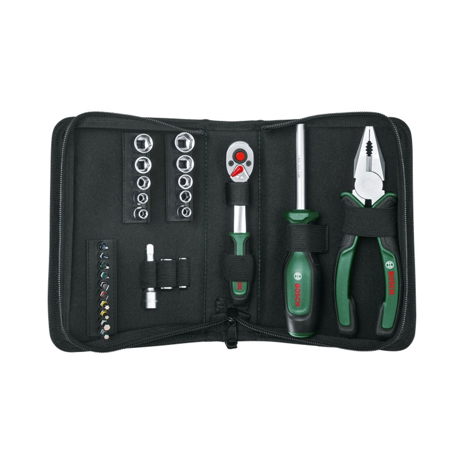 Kit di attrezzi nero con vari strumenti, tra cui bussole, cricchetto, cacciavite e pinze, tutto ordinatamente disposto.