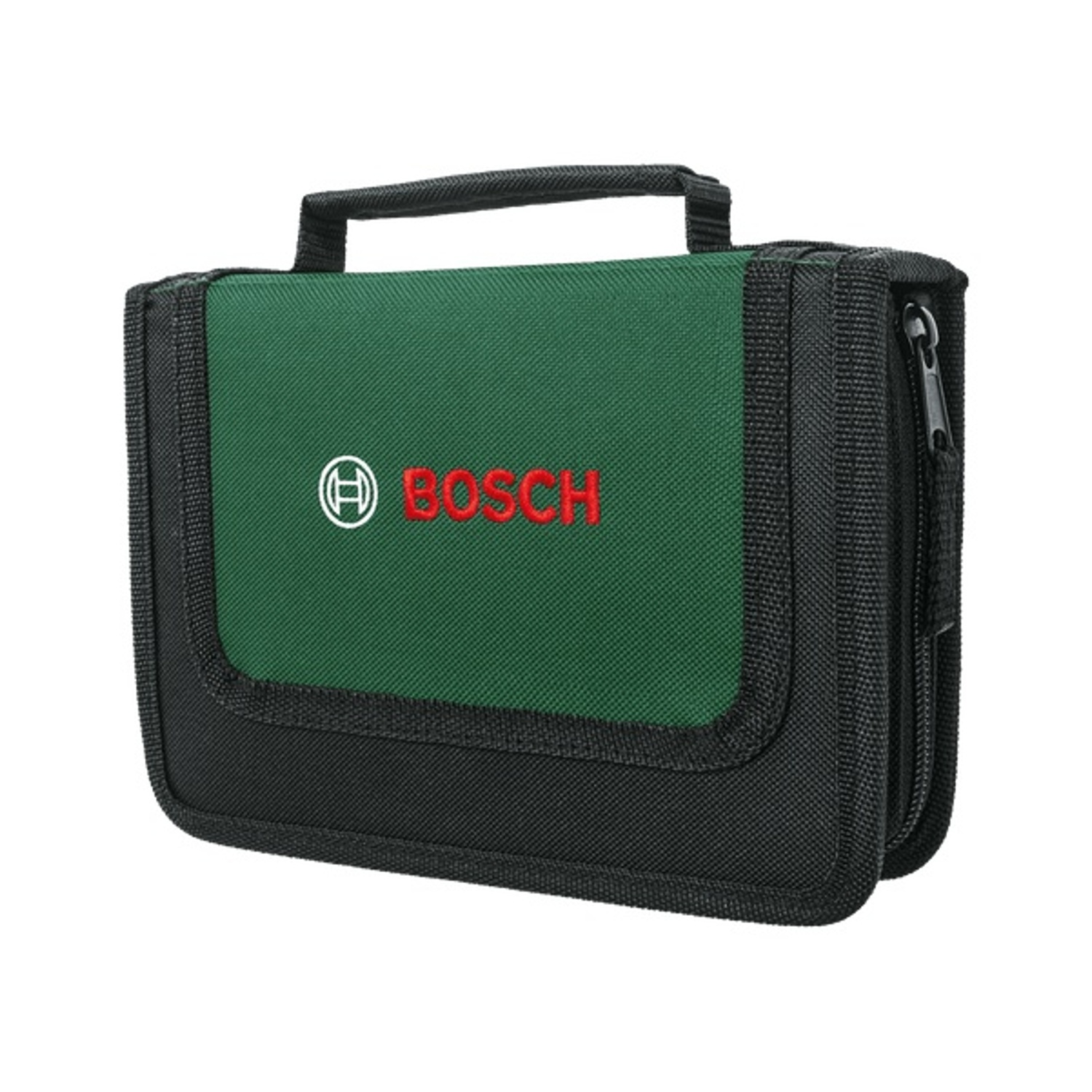Una borsa per attrezzi Bosch verde e nera con manico. Il logo Bosch è rosso. La borsa è chiusa con la zip.